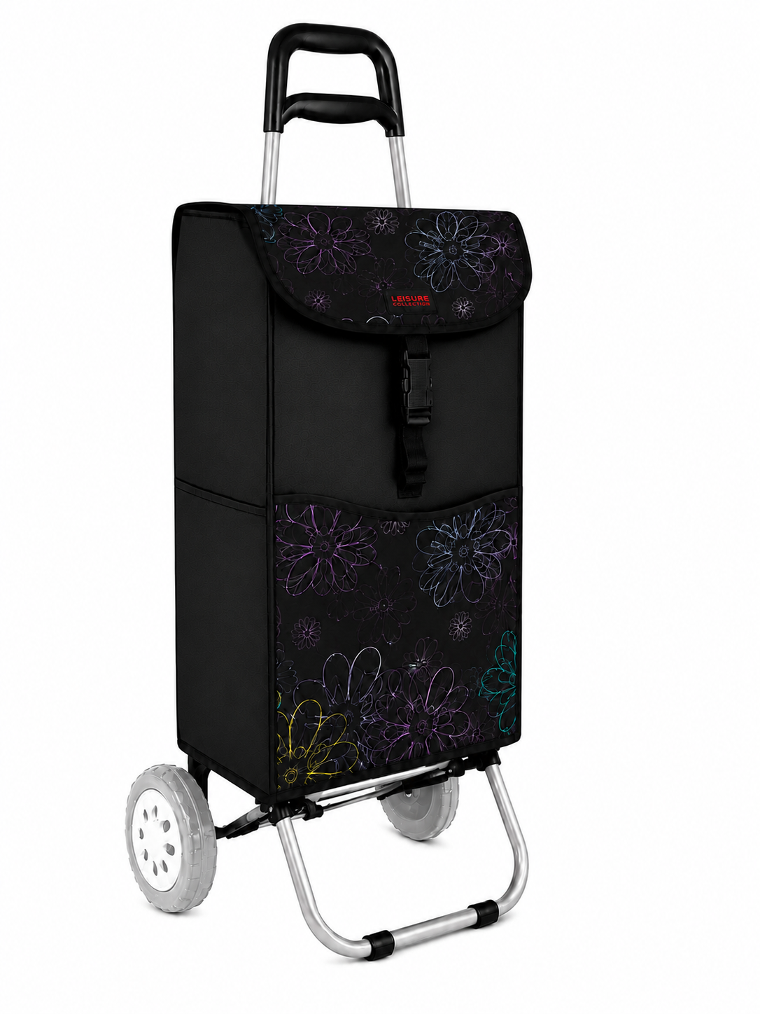 (image for) 6961/W SOLID BLK W/NEON FLORAL 2 WHEEL SHOPPING TROLLEY